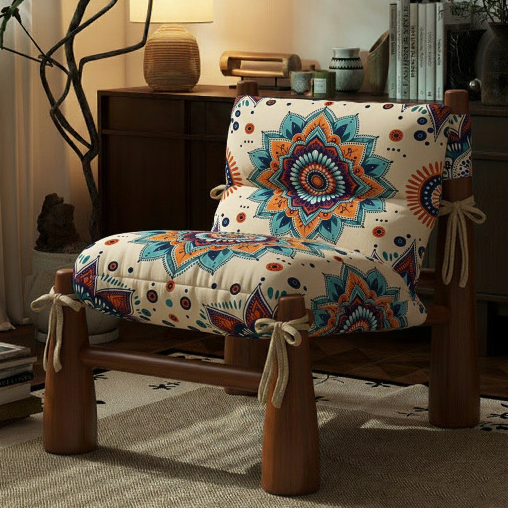 Bohemian Large Mandala Print Handcrafted Solid Wood Frame Accent Chair
