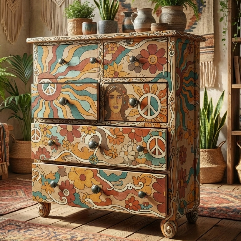 Hippie Retro 70s Peace Sign Floral Printed Wooden Storage Locker