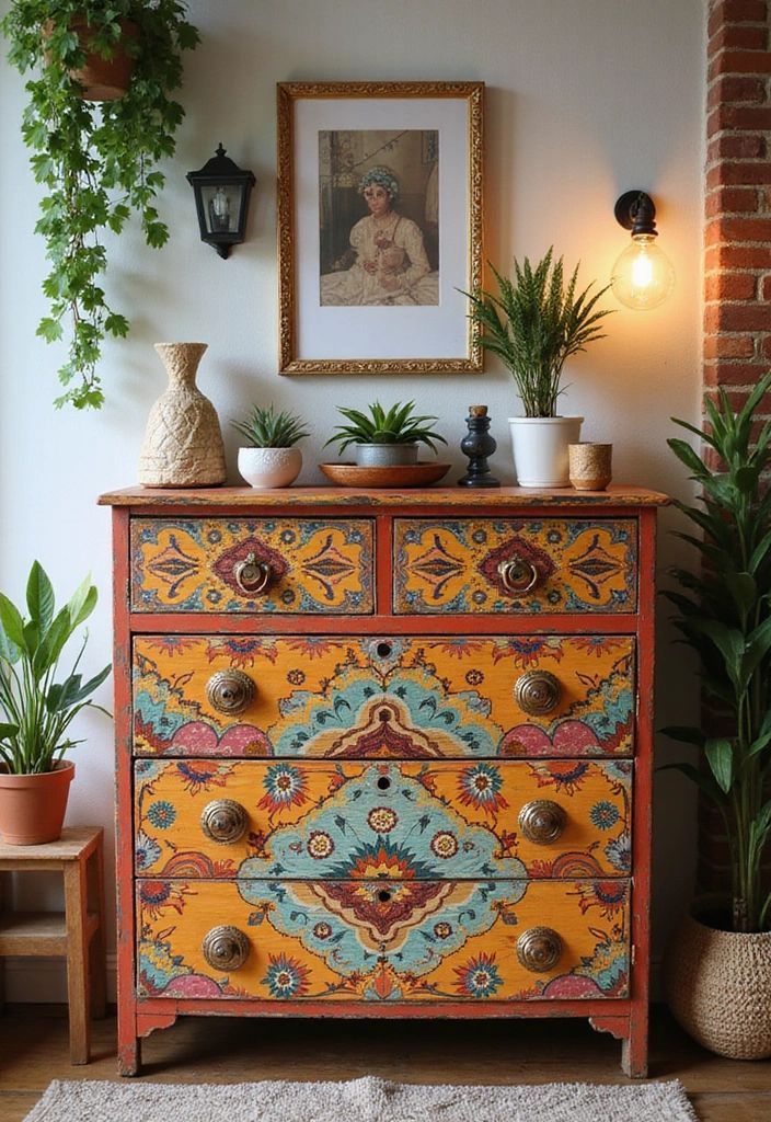 Bohemian Hand-Painted Floral Pattern Wood Storage Accent Locker