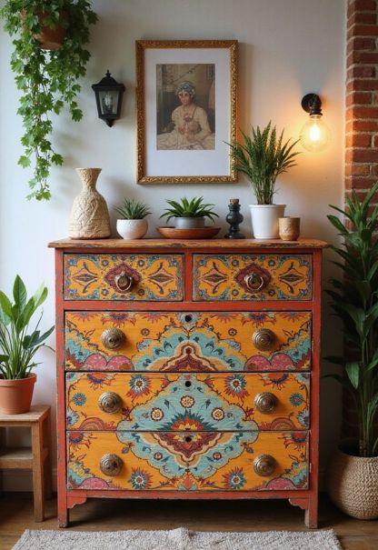 Bohemian Hand-Painted Floral Pattern Wood Storage Accent Locker