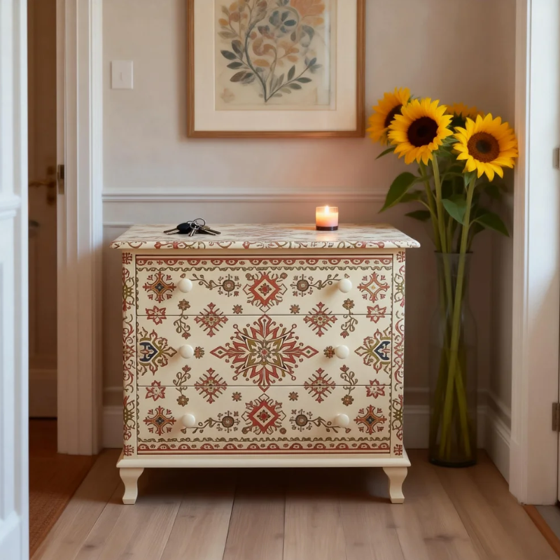Bohemian Floral Hand-Painted Cream Wood Three Drawer Storage Locker