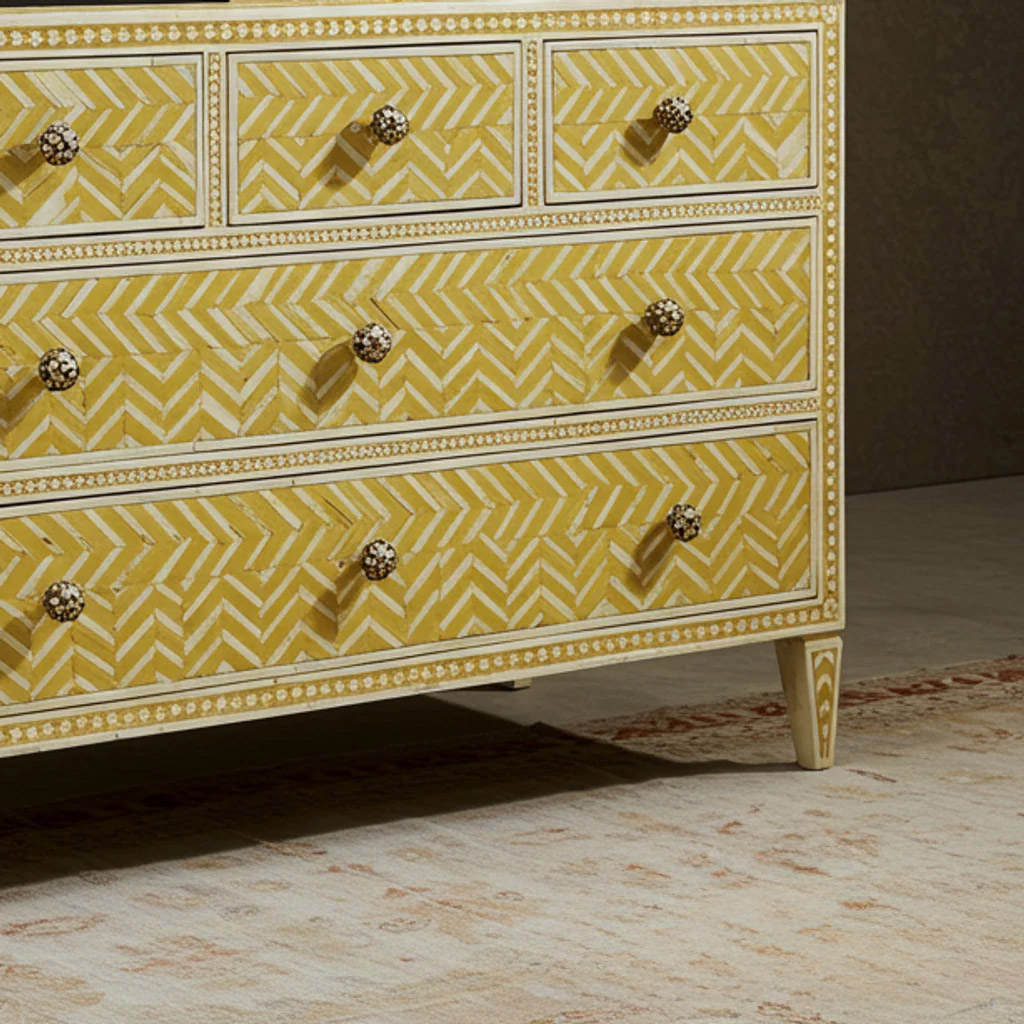 Yellow Patterned Wooden Dresser with Decorative Knobs | Luxury Handmade Chest of Drawer