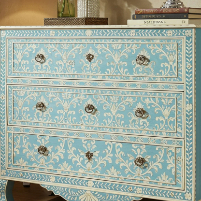 Vintage Blue Hand-Painted Wooden Dresser with Floral Motifs | Luxury Handmade Chest of Drawer