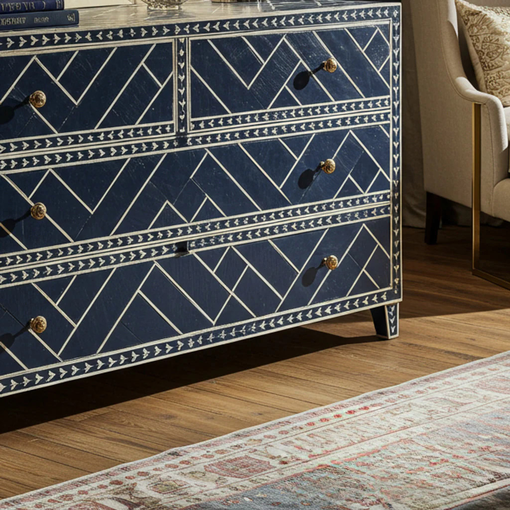 Navy Blue Geometric Pattern Chest of Drawers | Luxury Handmade Dresser