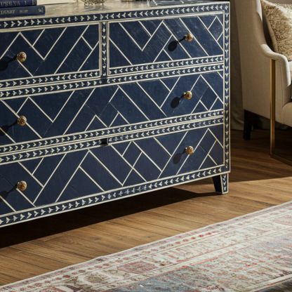 Navy Blue Geometric Pattern Chest of Drawers | Luxury Handmade Dresser