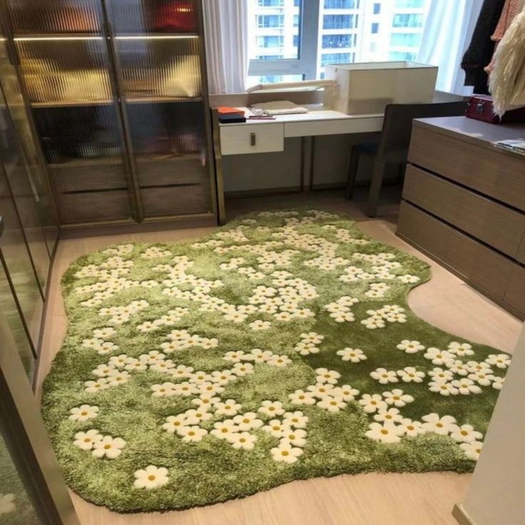 Green Daisy Shag Area Rug – Irregular Meadow Floral Carpet, Soft Plush Floor Mat for Bedroom, Dorm & Vanity Area