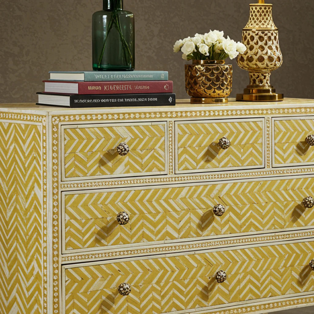 Yellow Patterned Wooden Dresser with Decorative Knobs | Luxury Handmade Chest of Drawer