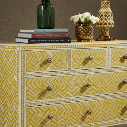 Yellow Patterned Wooden Dresser with Decorative Knobs | Luxury Handmade Chest of Drawer