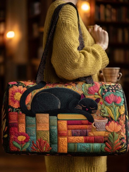 Book And Black Cat Quilted Duffle Bag