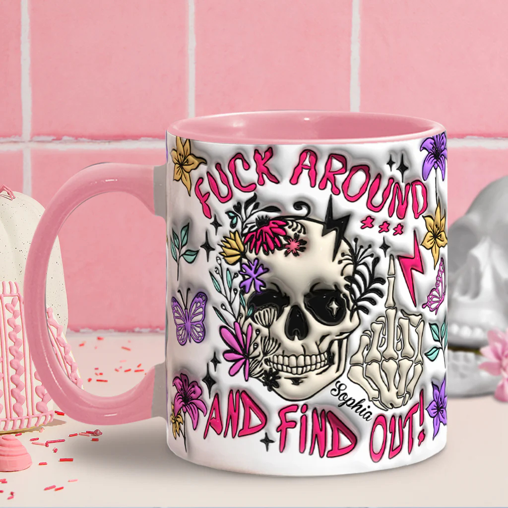 Edgy Pastel Goth Floral Skull Personalized Pink Ceramic Mug