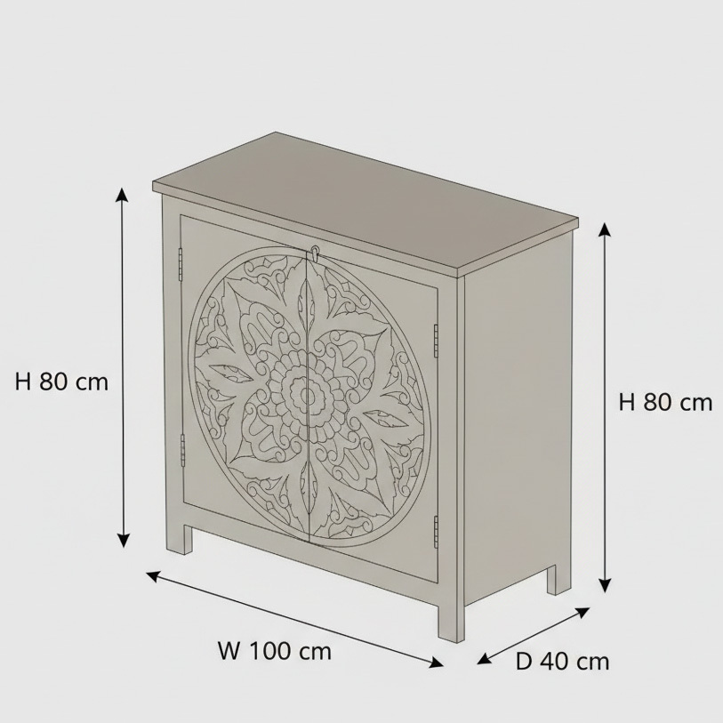 Bohemian Hand Carved Floral Mandala White Washed Wood Locker