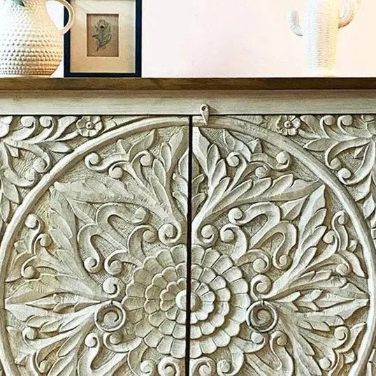 Bohemian Hand Carved Floral Mandala White Washed Wood Locker