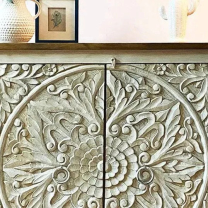 Bohemian Hand Carved Floral Mandala White Washed Wood Locker