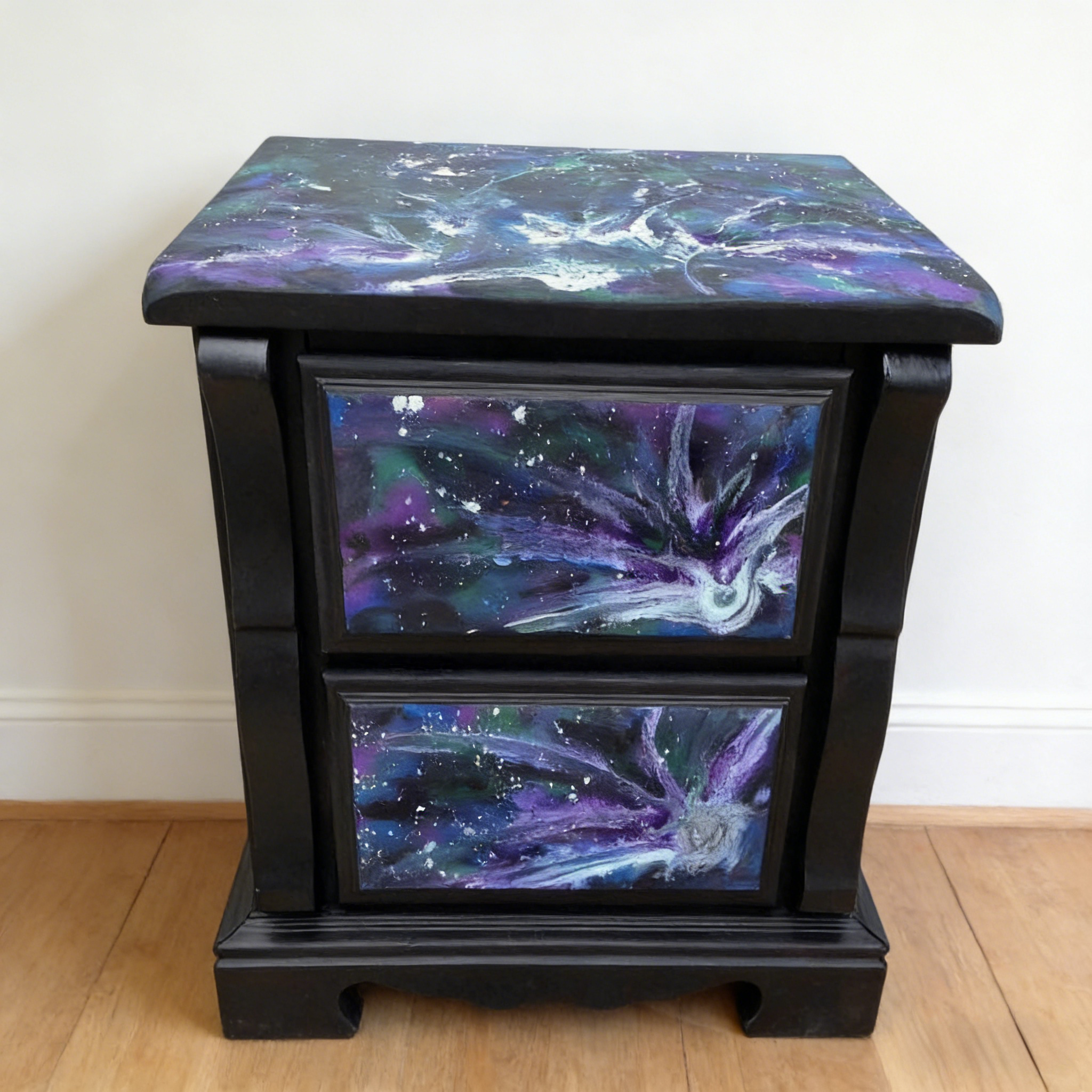 Artistic Galaxy Hand Painted Nebula Purple Two Drawer Nightstand Locker