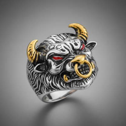 Biker Heavy Metal Minotaur Golden Horn Statement Ring
