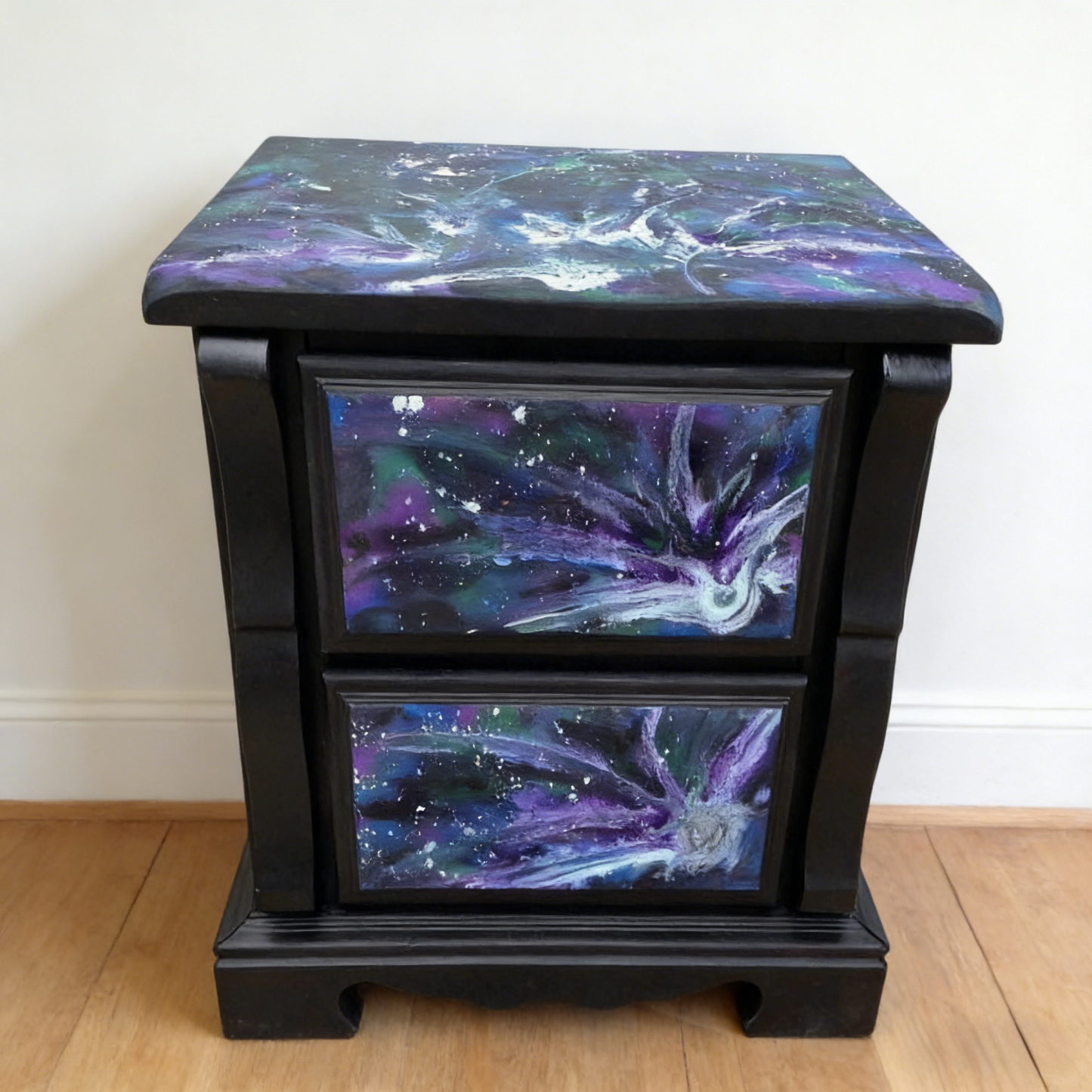Artistic Galaxy Hand Painted Nebula Purple Two Drawer Nightstand Locker