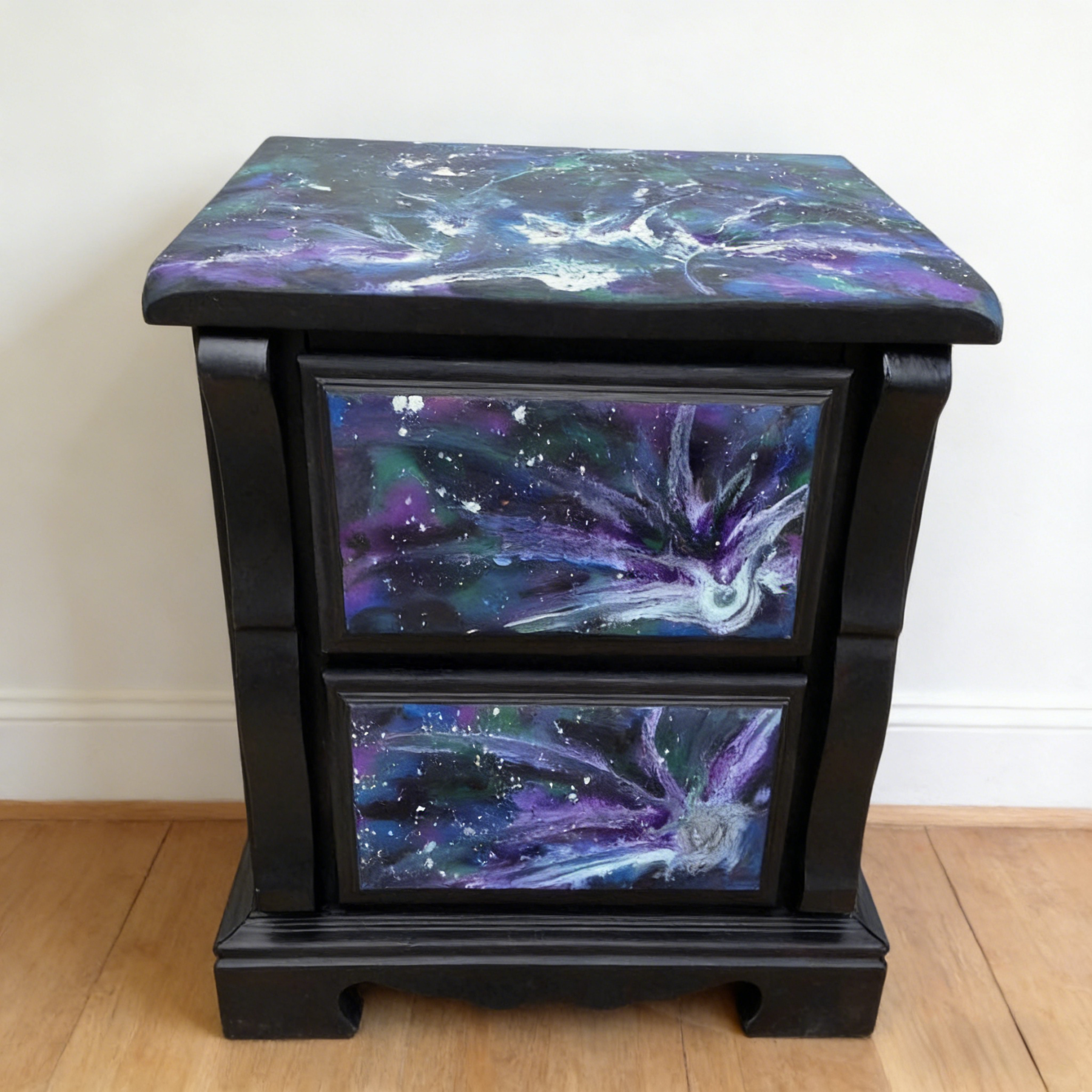 Artistic Galaxy Hand Painted Nebula Purple Two Drawer Nightstand Locker