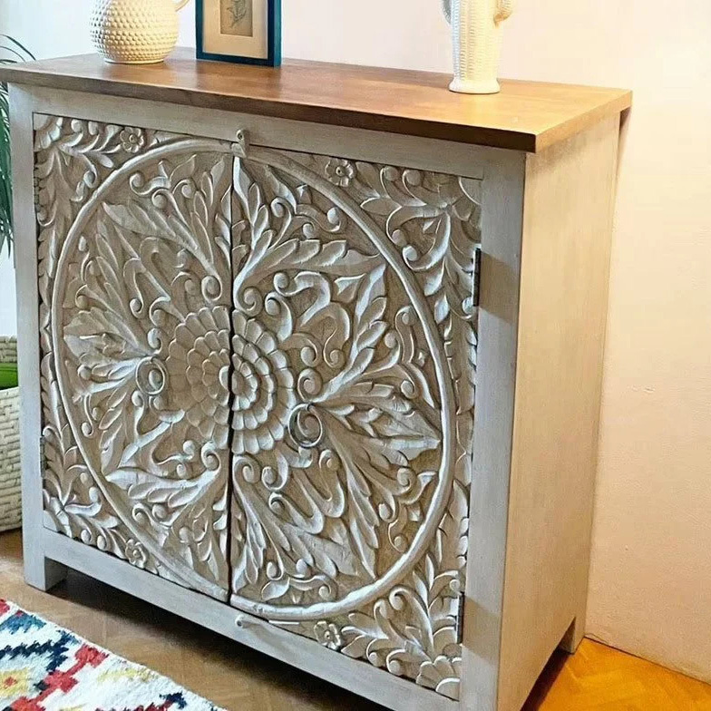 Bohemian Hand Carved Floral Mandala White Washed Wood Locker