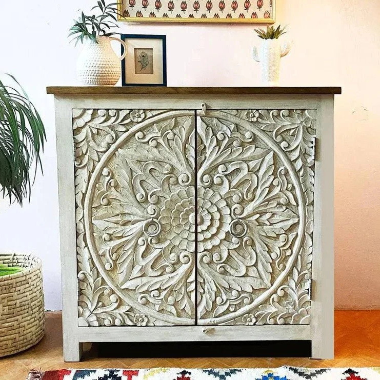 Bohemian Hand Carved Floral Mandala White Washed Wood Locker