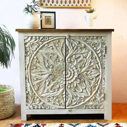 Bohemian Hand Carved Floral Mandala White Washed Wood Locker
