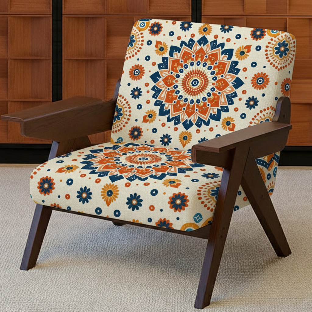 Mid-Century Modern Bohemian Mandala Pattern Upholstered Accent Armchair
