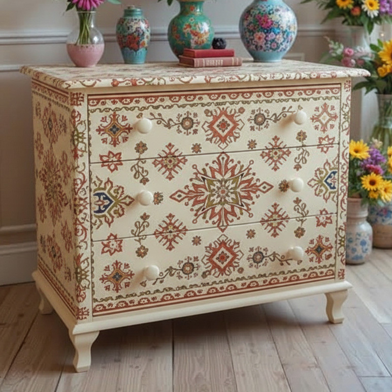 Bohemian Floral Hand-Painted Cream Wood Three Drawer Storage Locker