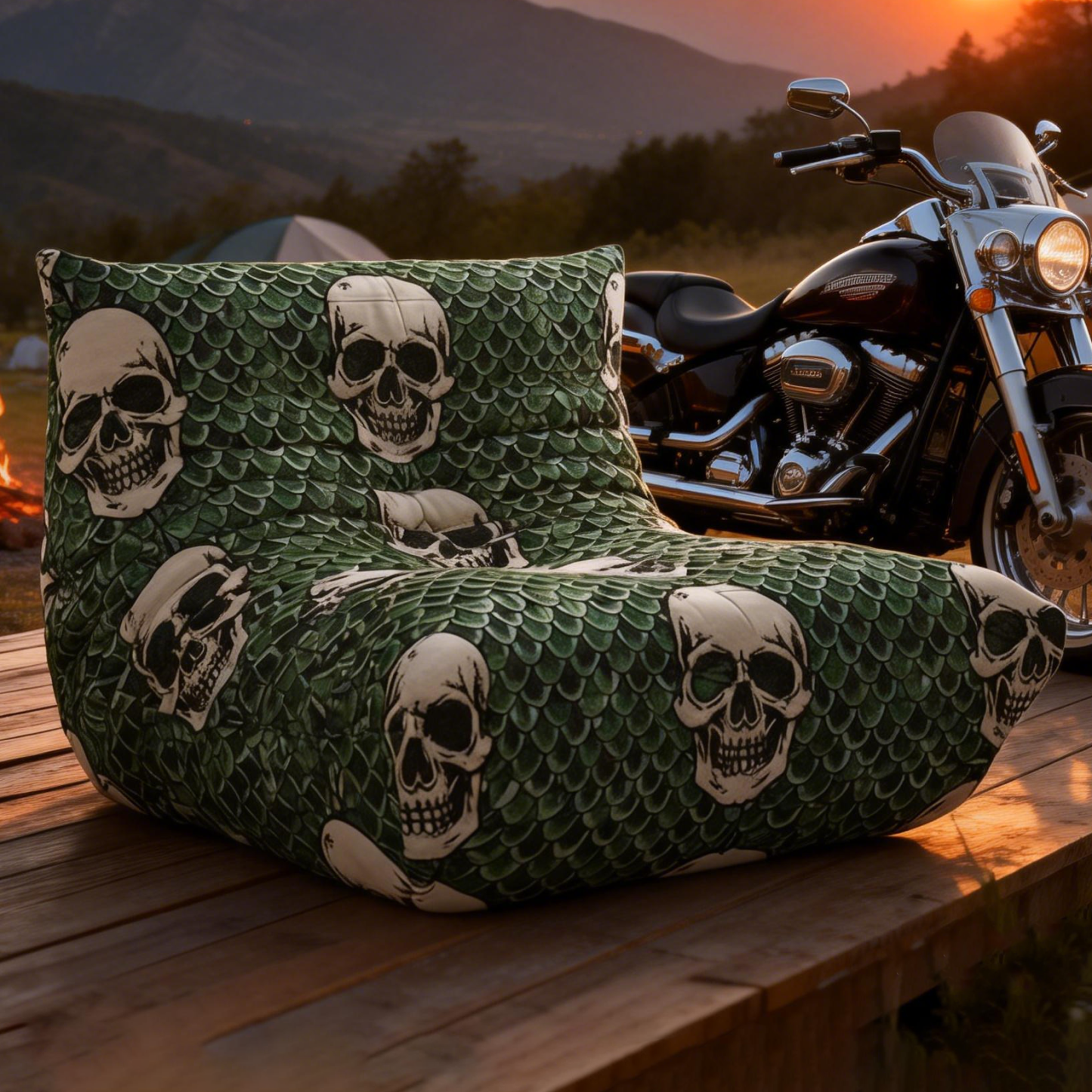 Gothic Biker Skull Print Green Scale Pattern Relax Floor Sofa