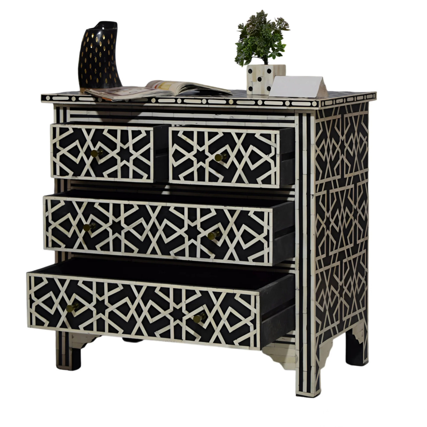 Handmade Bone inlay 7 Drawer dresser Black and White | Luxury Handmade Dresser