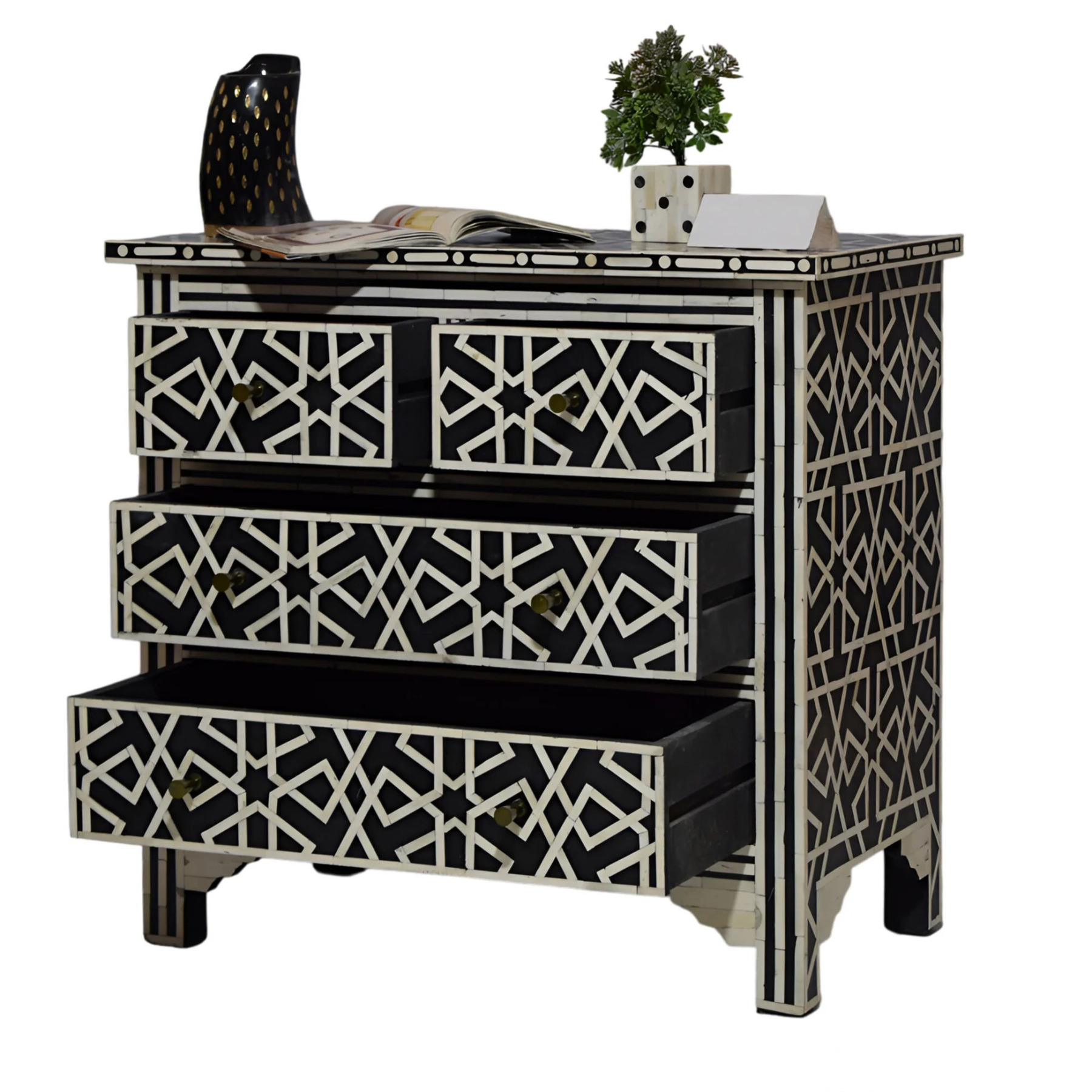 Handmade Bone inlay 7 Drawer dresser Black and White | Luxury Handmade Dresser