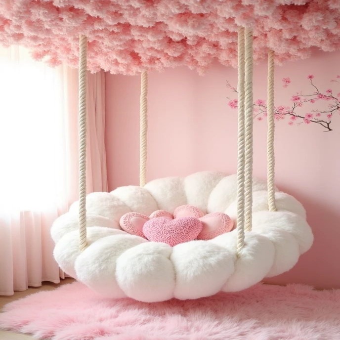 Cloud-Bloom Plush Hanging Chair – Ultra-Soft Faux Fur Swing Nest Seat for Bedroom & Lounge, Cozy Indoor Suspended Lounger (White)