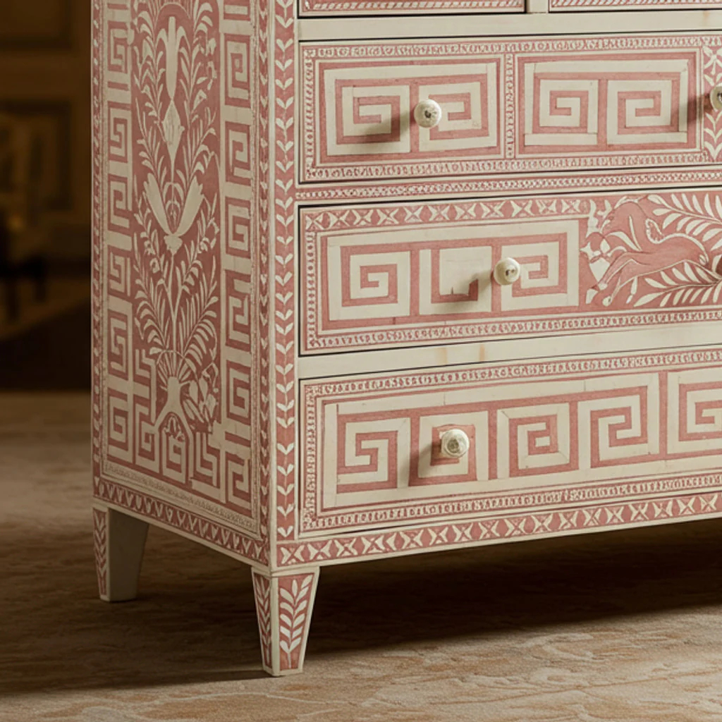 Vintage Greek Key Pattern Wooden Dresser | Luxury Handmade Chest of Drawer