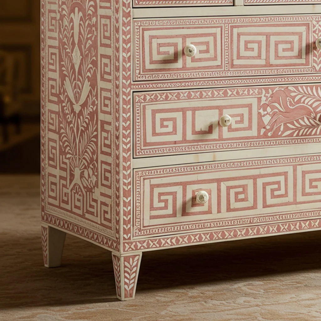 Vintage Greek Key Pattern Wooden Dresser | Luxury Handmade Chest of Drawer