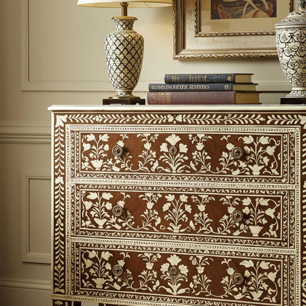 Handcrafted Floral Inlaid Wooden Chest of Drawers | Luxury Handmade Dresser