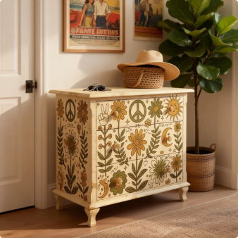 Hippie Retro Sunflower Print Three Drawer Wooden Bedroom Storage Locker