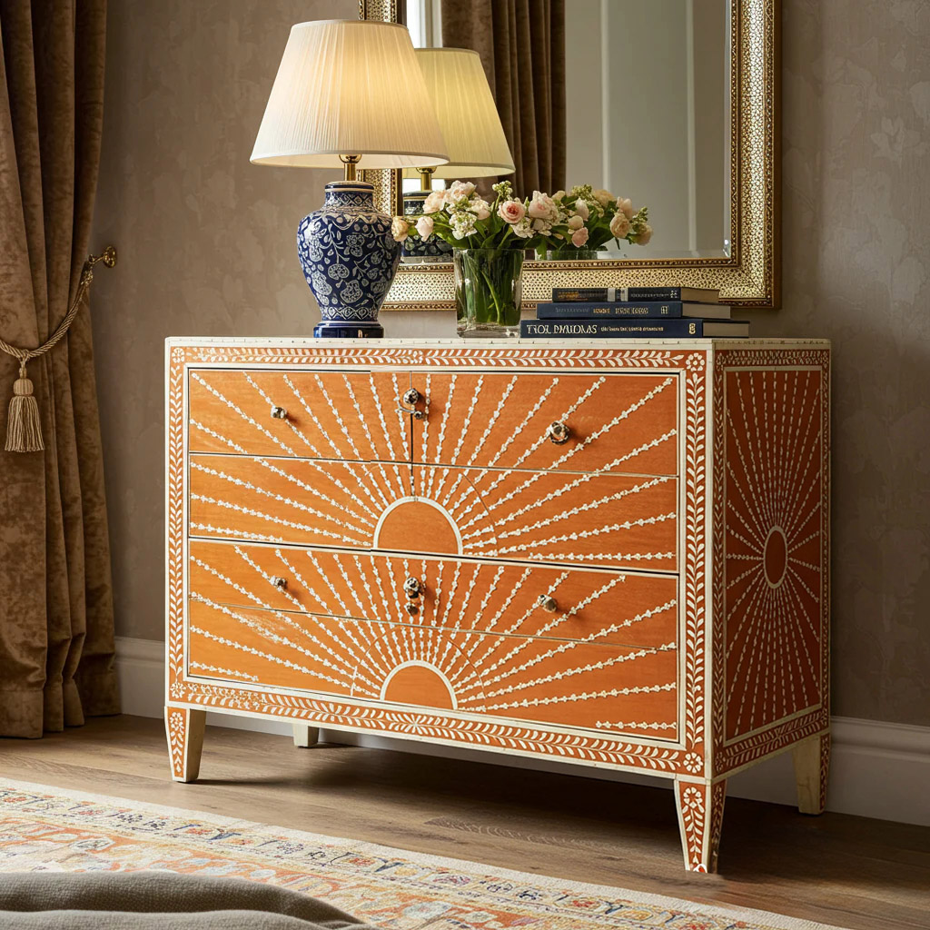 Sunburst Pattern Wooden Chest of Drawers | Luxury Handmade Dresser