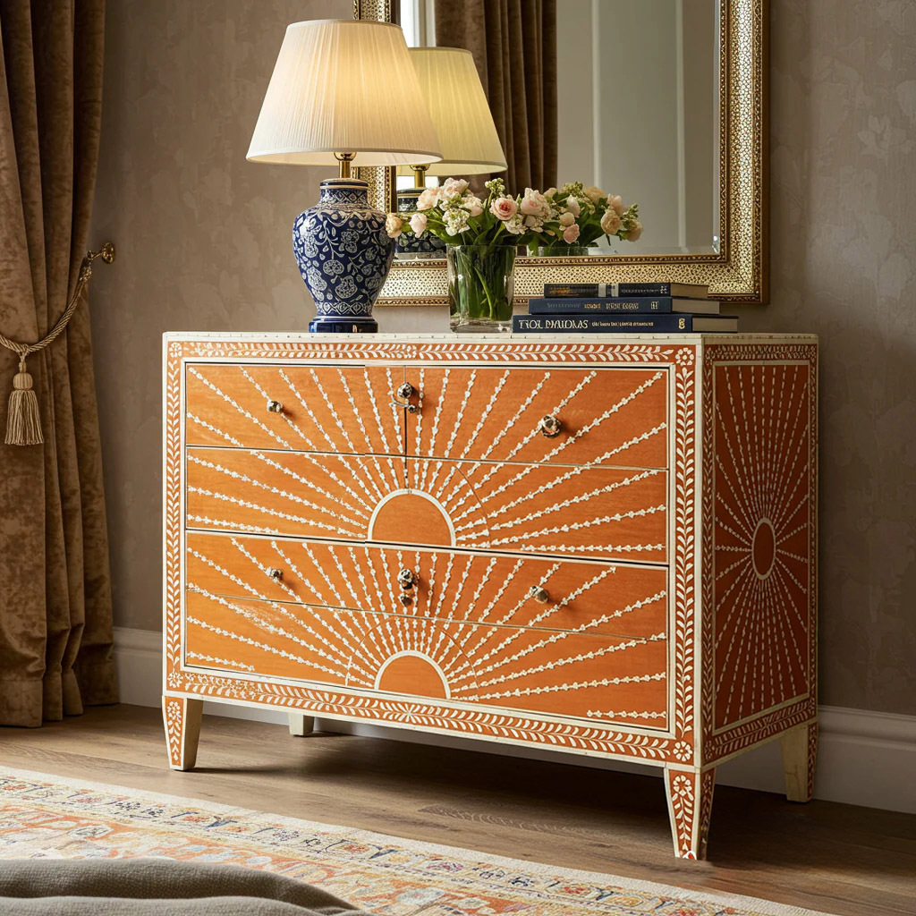 Sunburst Pattern Wooden Chest of Drawers | Luxury Handmade Dresser