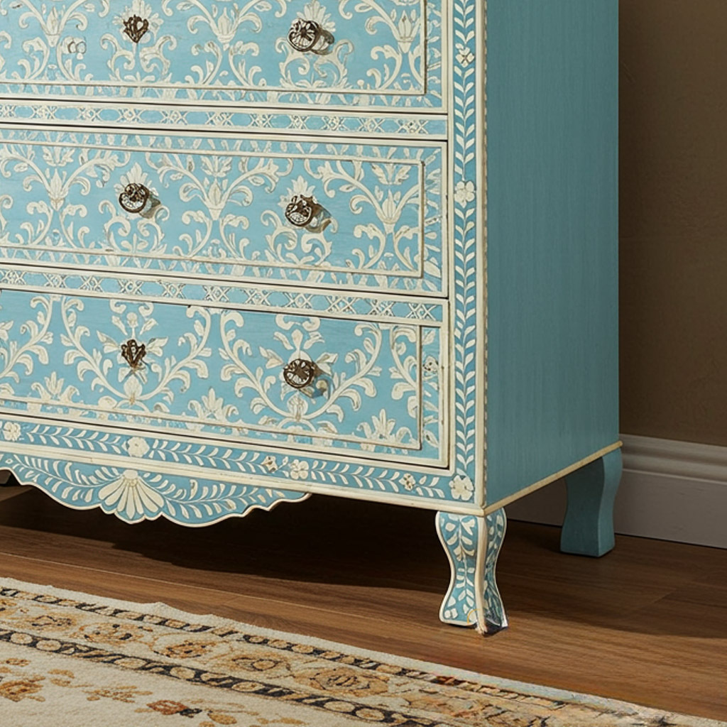 Vintage Blue Hand-Painted Wooden Dresser with Floral Motifs | Luxury Handmade Chest of Drawer