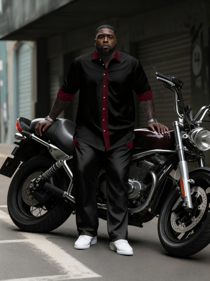 Men's Plus Size Simple Contrast Long Sleeve Lapel Shirt 2-Piece Set