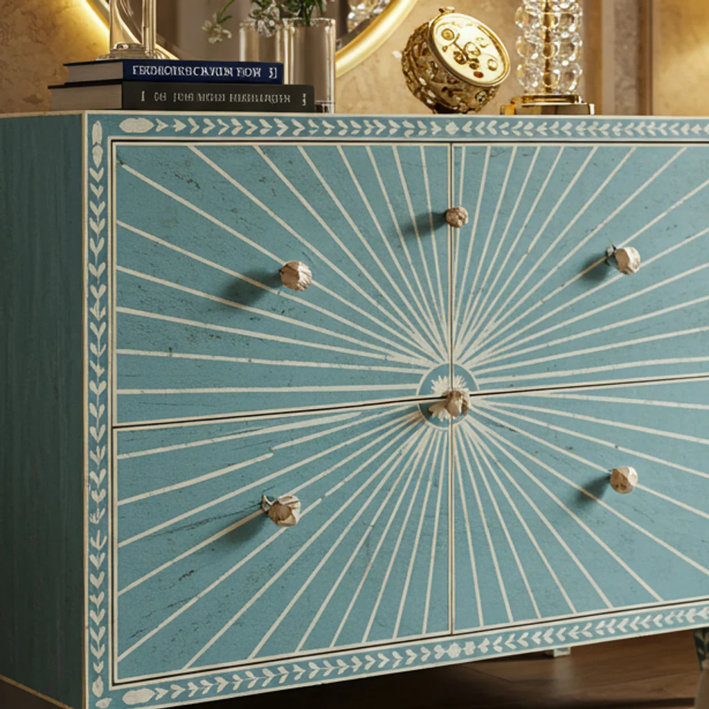 Vintage-Inspired Blue Sunburst Chest of Drawers | Luxury Handmade Dresser
