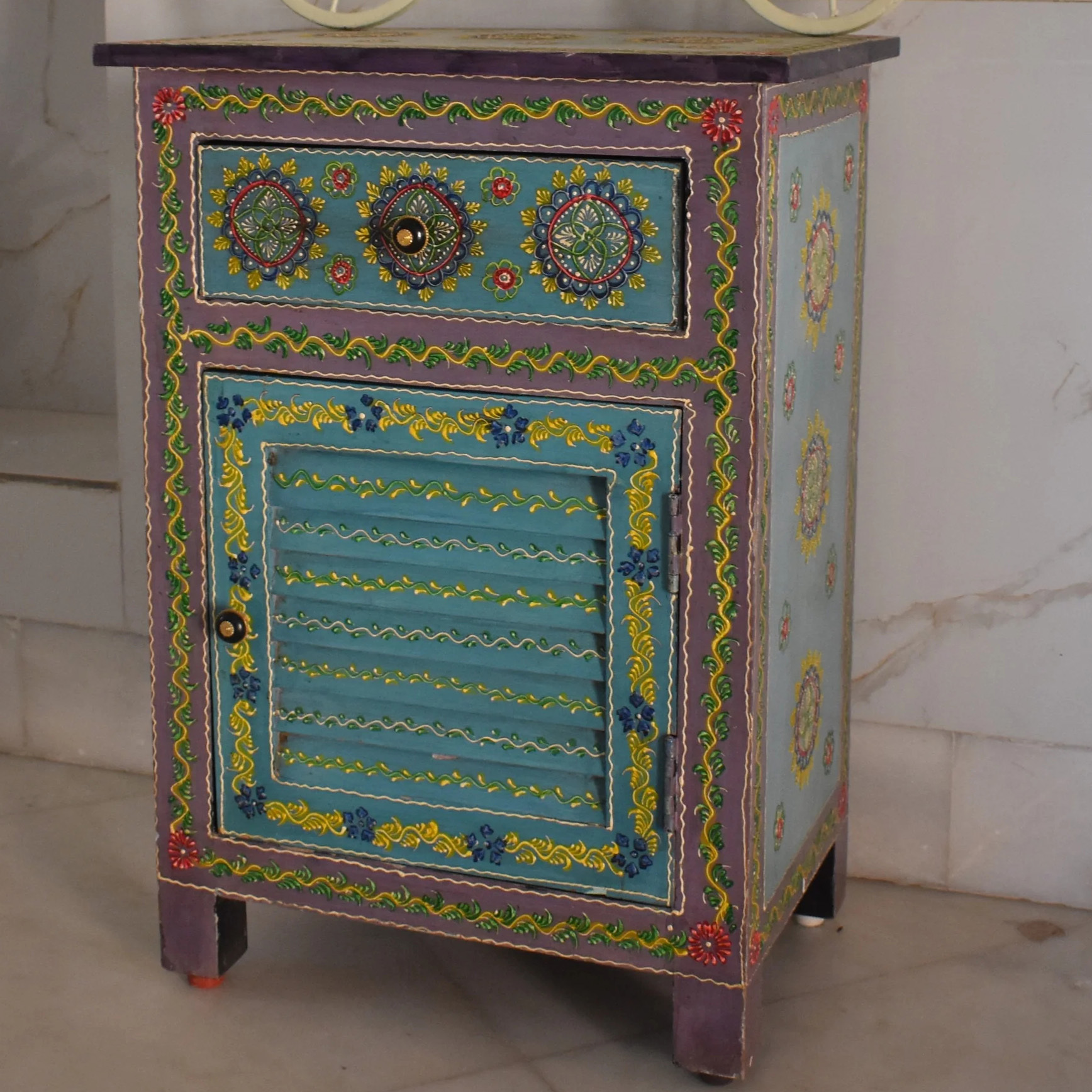 Hand-Painted Rajasthani Floral Wood Nightstand Storage Cabinet Locker
