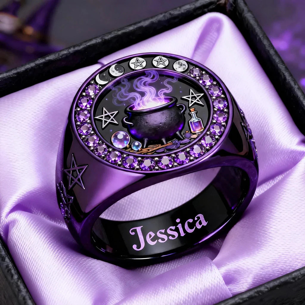 Witchy Vintage Purple Cauldron Crystal Magic Pentagram Signet Ring