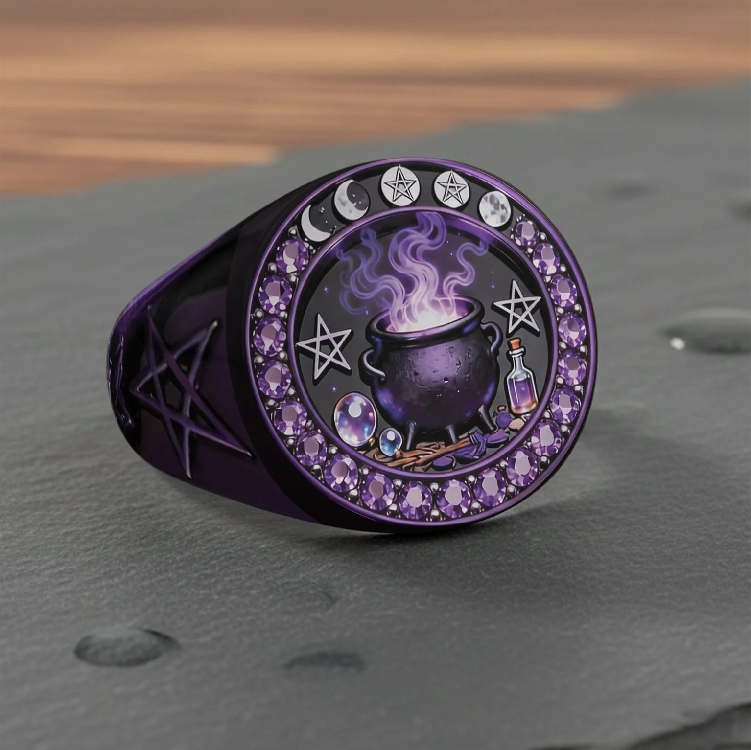 Witchy Vintage Purple Cauldron Crystal Magic Pentagram Signet Ring