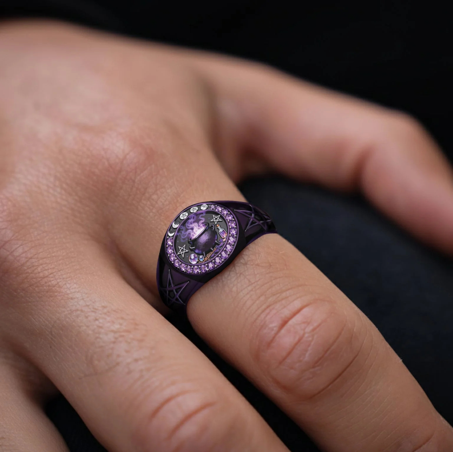 Witchy Vintage Purple Cauldron Crystal Magic Pentagram Signet Ring