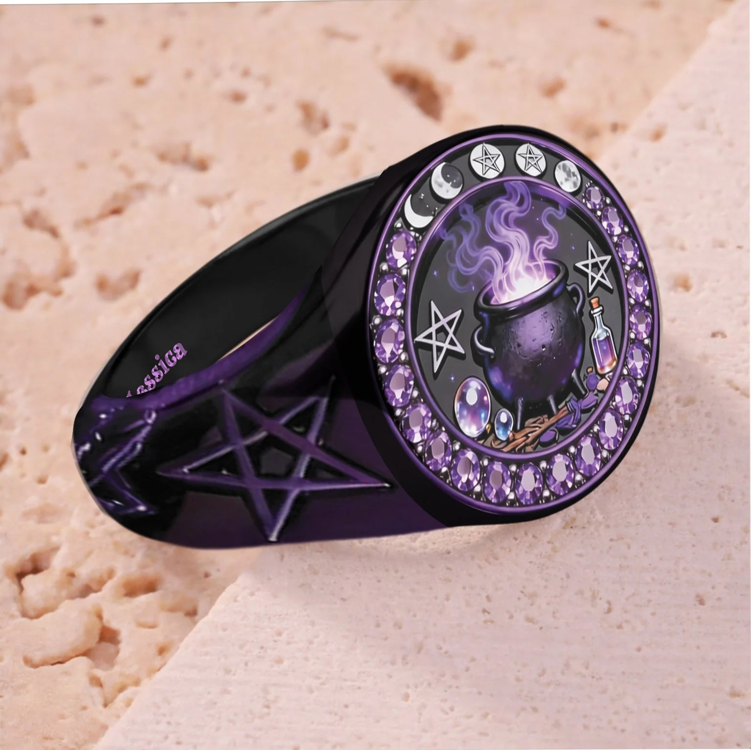 Witchy Vintage Purple Cauldron Crystal Magic Pentagram Signet Ring