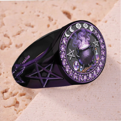Witchy Vintage Purple Cauldron Crystal Magic Pentagram Signet Ring