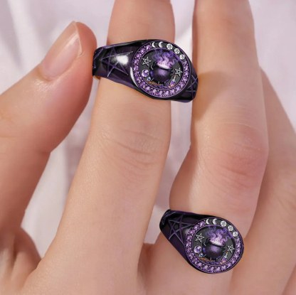 Witchy Vintage Purple Cauldron Crystal Magic Pentagram Signet Ring
