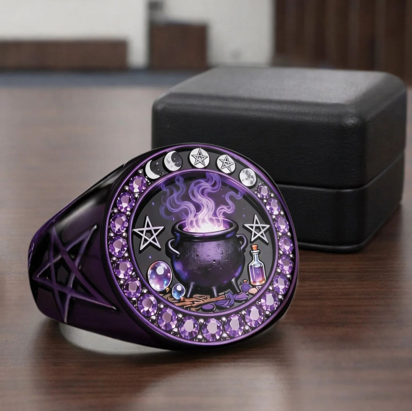 Witchy Vintage Purple Cauldron Crystal Magic Pentagram Signet Ring