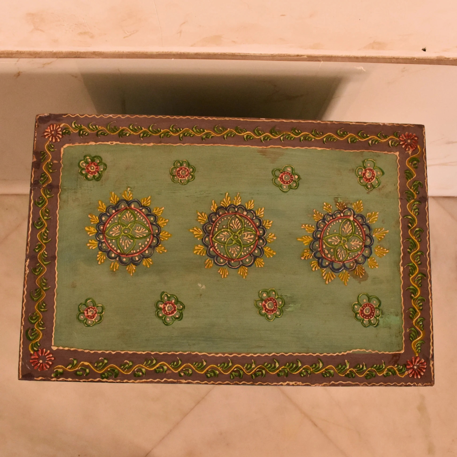 Hand-Painted Rajasthani Floral Wood Nightstand Storage Cabinet Locker