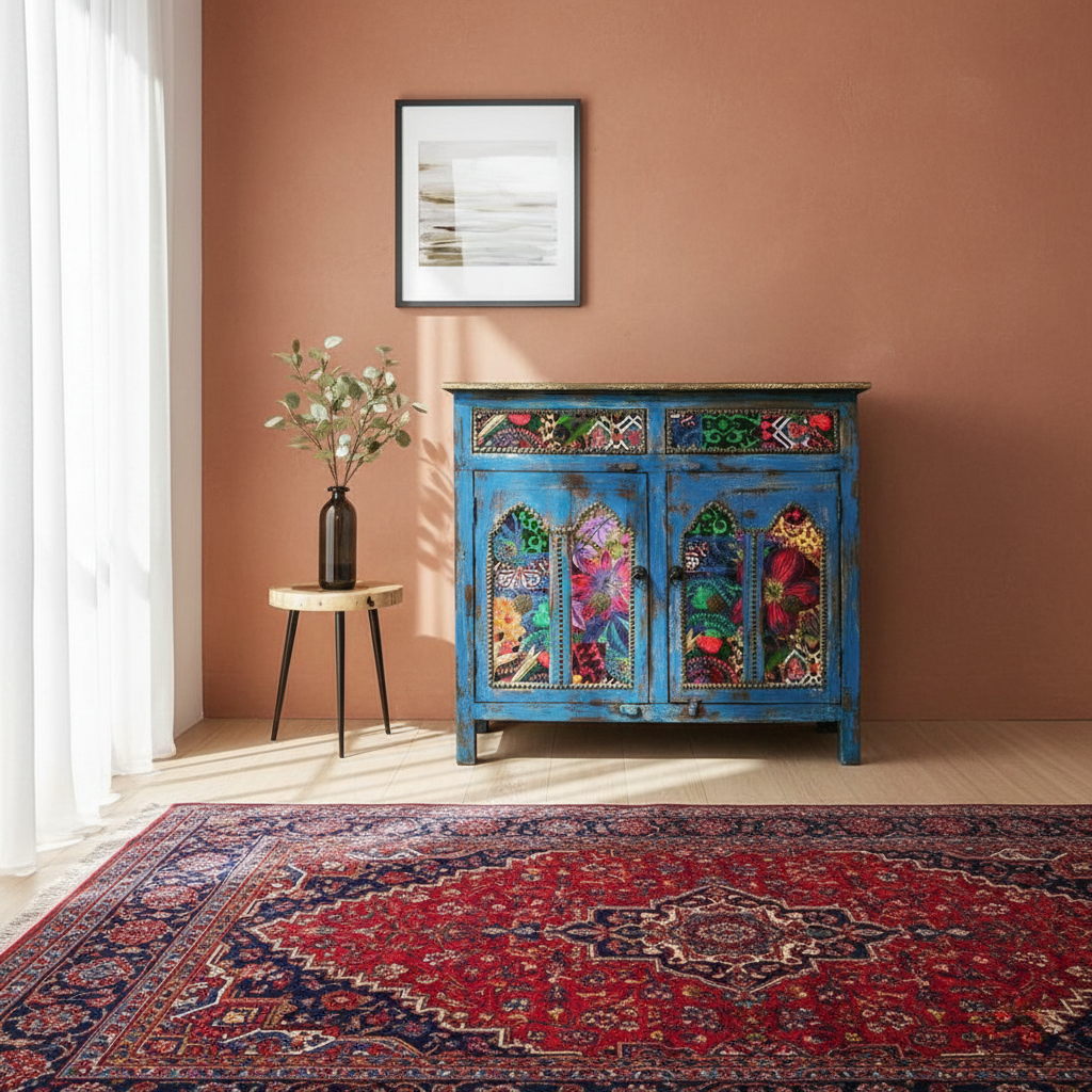 Bohemian Vintage Hand-Painted Floral Carved Wood Accent Storage Locker