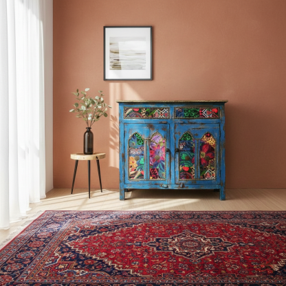 Bohemian Vintage Hand-Painted Floral Carved Wood Accent Storage Locker